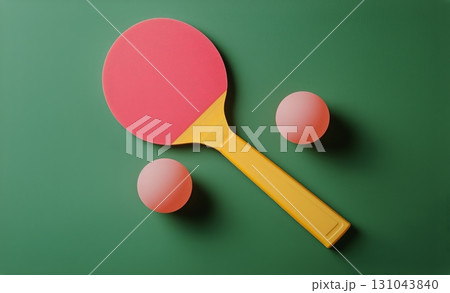 Brightly Colored Table Tennis Paddles and a Ball Ready for a Game on a Green Surface. 131043840
