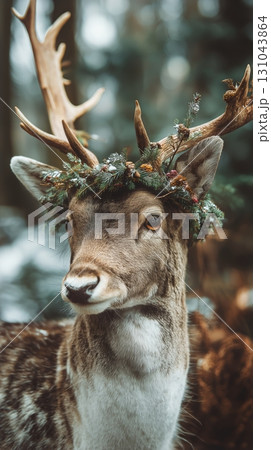 Deer Wearing a Crown of Flowers in a Pristine Forest Setting During Winter Season 131043864