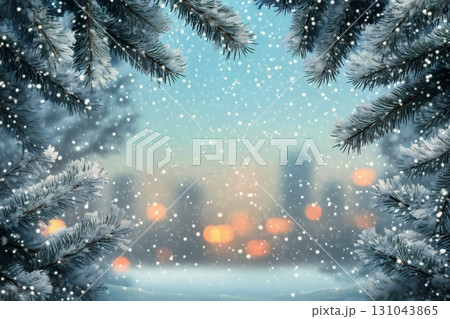 Snowy Scene With Frosted Pine Branches and Blurred City Lights in Winter Evening 131043865