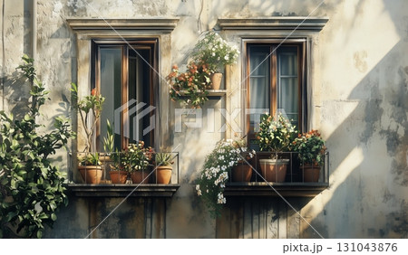 Charming Window Boxes Filled With Colorful Flowers in Warm Afternoon Light on a Rustic Wall 131043876
