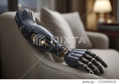 Robotic prosthetic arm resting on a modern sofa in a stylish living room setting 131044028