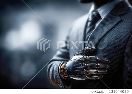 Futuristic businessman with robotic hand in a tailored suit showcasing advanced technology and innovation 131044029