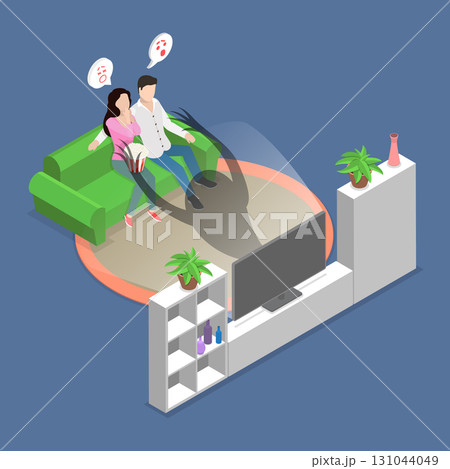 3D Isometric Flat Vector Illustration of Horror Watching, Romantic At-Home Movie Night Turns Spooky With A Horror Film For This Couple. 3D Isometric Flat Vector Illustration of Horror Watching, Romantic At-Home Movie Night Turns Spooky With A Horror Film For This Couple. 131044049