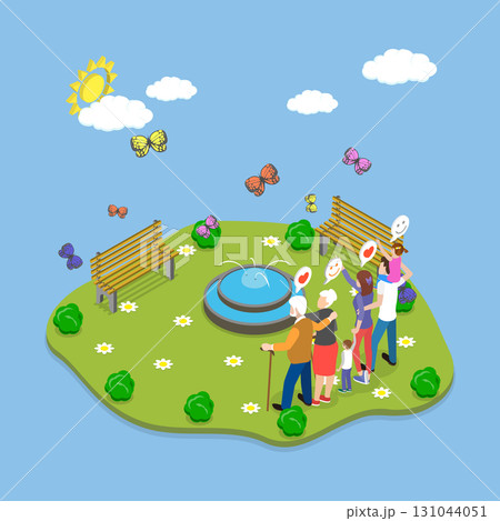 3D Isometric Flat Vector Illustration of Back View Family, Family Embraces Outdoors In Blooming Meadow With Joyful Child On Shoulders Under Clear Sky 131044051