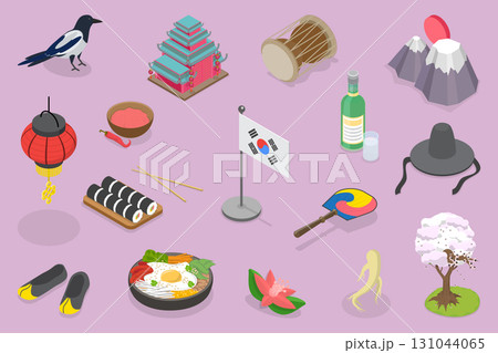 3D Isometric Flat Vector Illustration of South Korea National Symbols, Culture, Food, Nature, Architecture, And Landmarks 3D Isometric Flat Vector Illustration of South Korea National Symbols, Culture, Food, Nature, Architecture, And Landmarks 131044065