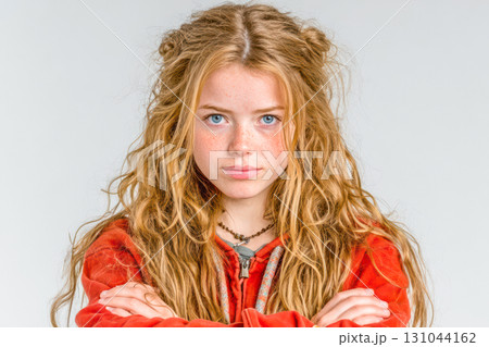 Young girl with long curly hair wearing red hoodie, arms crossed, expressing confidence and determination 131044162