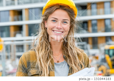 Smiling woman wearing yellow hard hat holds blueprints on construction site with machinery in background 131044183