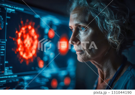 Senior woman analyzing digital virus model on...のイラスト素材 [131044190] - PIXTA