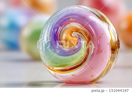 Colorful glass marble with swirling patterns and shimmering gold accents on a blurred background 131044197