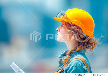 Young woman construction worker wearing safety helmet and holding blueprints on site 131044236
