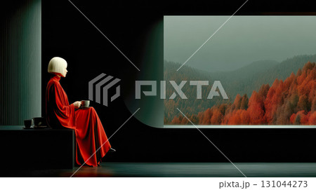 Woman in red robe enjoying serene landscape view through large window with autumn colors 131044273