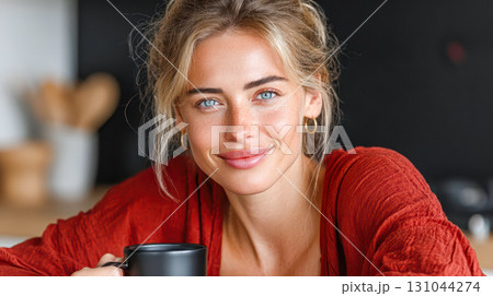 Smiling woman with blue eyes holding a black mug in a cozy kitchen setting with warm tones 131044274