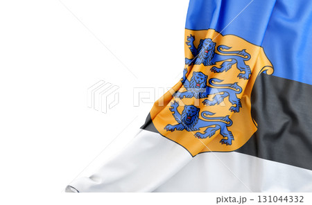 Flag of Estonia with Coat of arms with empty space on the left. Isolated. 3D Rendering Flag of Estonia with Coat of arms with empty space on the left. Isolated. 3D Rendering 131044332
