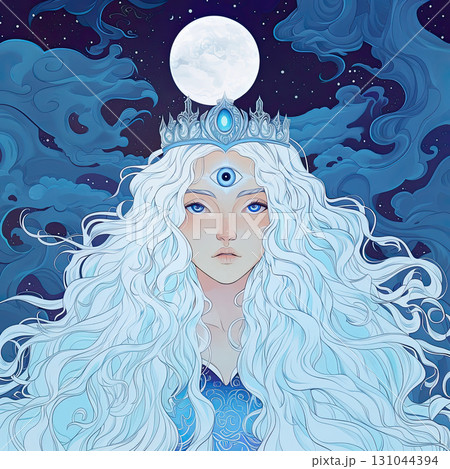 Cartoon of a moon goddess woman with a third eye embodying moon magic, intuitive power, healing energy, inner peace, and metaphysical wisdom 131044394