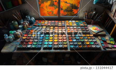 A table full of watercolor art supplies, paint boxes, and brushes arranged in an artistic still life scene, highlighting the tools of creativity and color mixing in a studio or home workspace 131044417