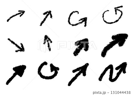 Hand-drawn arrow set in sketch style with diverse directions and shapes. Expressive black ink illustrations perfect for design projects, annotations, or artistic layouts. 131044438