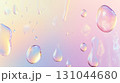 Vibrant water droplets splashing across soft pastel surface, generating dynamic geometric patterns with shimmering iridescent color variations 131044680