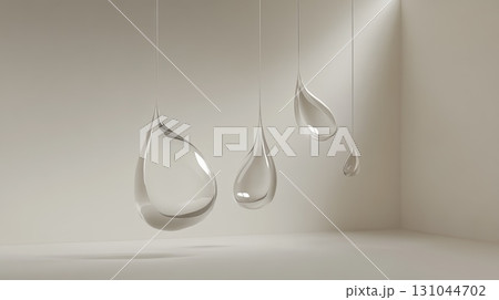 Translucent teardrop glass sculptures suspended from white ceiling, creating ethereal light play within minimalist interior space with pristine walls and flooring 131044702