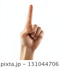 Hand pointing with index finger upwards on white background, conceptual minimalist, pointing and emphasizing gesture 131044706