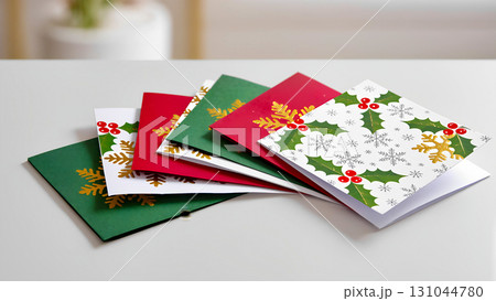 A horizontal image of a stack of Christmas and New Year's cards lying on a white surface. The cards are decorated with traditional holiday motifs: mistletoe, snowflakes, and gold leaves. The colors of 131044780