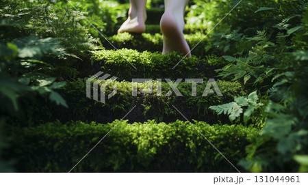 Barefoot steps pressing into a lush moss and fern-carpeted forest floor 131044961