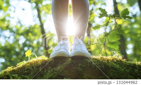 Barefoot teen standing on a mossy forest floor under dappled sunlight 131044962