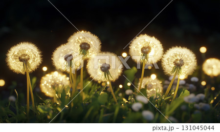 Luminous dandelion blooms glowing against a rich dark backdrop 131045044