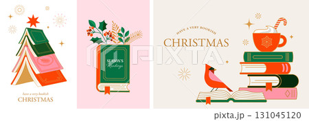 Christmas book fair posters and banners. Winter book sale vector illustrations. 131045120