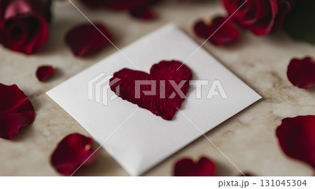 Delicate red rose petals shaped into a heart atop a crisp white envelope 131045304