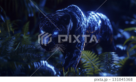 majestic black jaguar walking in a lush jungle at twilight with dramatic shadows 131045368