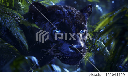 majestic black jaguar walking in a lush jungle at twilight with dramatic shadows 131045369