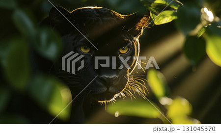 majestic black jaguar walking in a lush jungle bathed in warm sunrise light 131045370