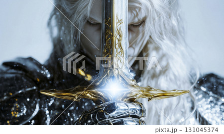 male blonde elf fantasy warrior gripping a sleek magical greatsword 131045374