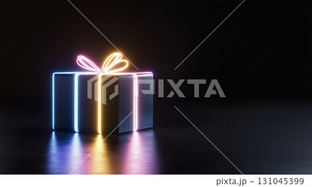 Radiant neon-lit gift box floating against a deep black backdrop 131045399