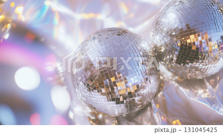 shiny silver disco balls background with 70s color gradient 131045425