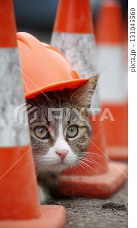 交通コーンの間で安全ヘルメットをかぶるかわいい猫 131045569