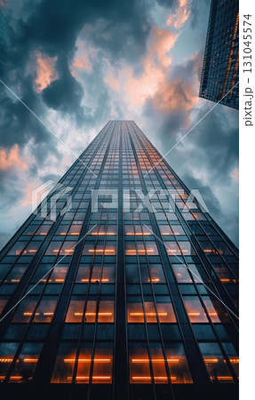 Skyscraper from ground perspective, towering into the sky with glass facade reflections. 131045574