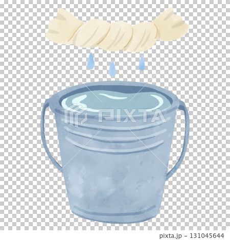 水でいっぱいのブリキのバケツと雑巾絞り　水彩風手描きイラスト 131045644