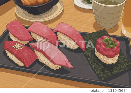 寿司盛り合わせとお茶 Sushi Set with Green Tea 131045654