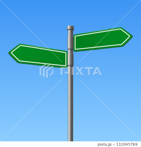 Vector Blank Road Sign Post with Two Empty Directional Arrows. Street Signage Template. Empty Guidepost for Navigation. Direction Board for Text, Message, Vector Illustration 131045769