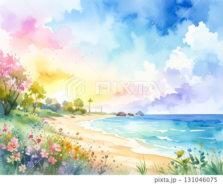 水彩画風のビーチと花畑　夕焼け／朝焼けの海岸風景イラスト1 131046075