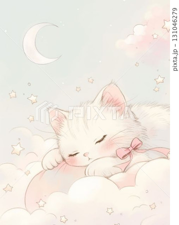 リボンをつけて眠る白猫と月のイラスト リボンをつけて眠る白猫と月のイラスト 131046279