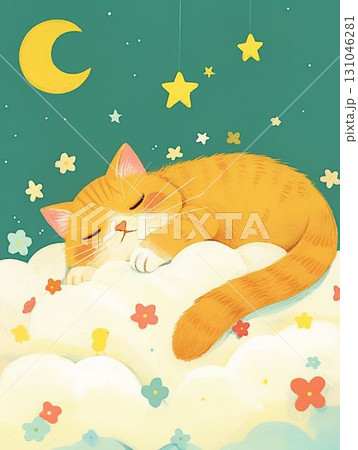 星と月の下で眠るオレンジの子猫のイラスト 星と月の下で眠るオレンジの子猫のイラスト 131046281