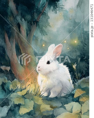 森の中で光に包まれる白いうさぎの水彩風イラスト 131046471