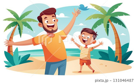 From a first-person perspective, a happy father and son engage in playful antics on a tropical beach, their smiles reflecting pure joy and carefree fun. 131046487
