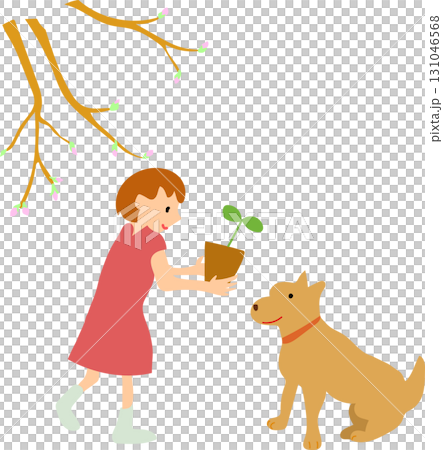 一個女孩和她的狗很高興看到花蕾出現 131046568