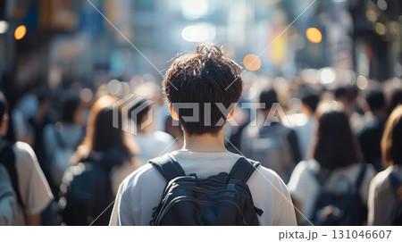 人混みの街を歩くリュックを背負った男性の後ろ姿 131046607