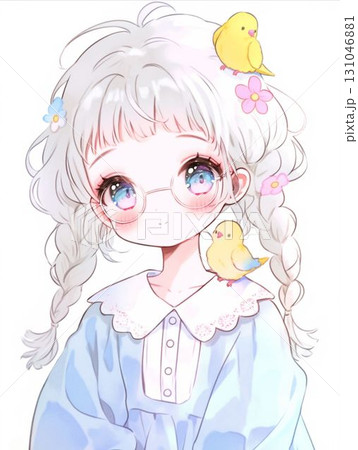 黄色い小鳥と仲良しのかわいい女の子イラスト 黄色い小鳥と仲良しのかわいい女の子イラスト 131046881