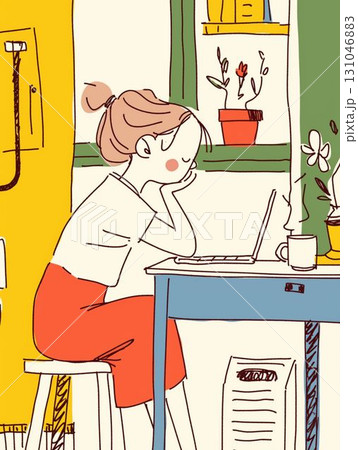 ノートパソコンで作業する女性のイラスト 131046883
