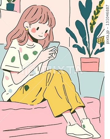 スマホを見ながらリラックスする女性のイラスト 131046887
